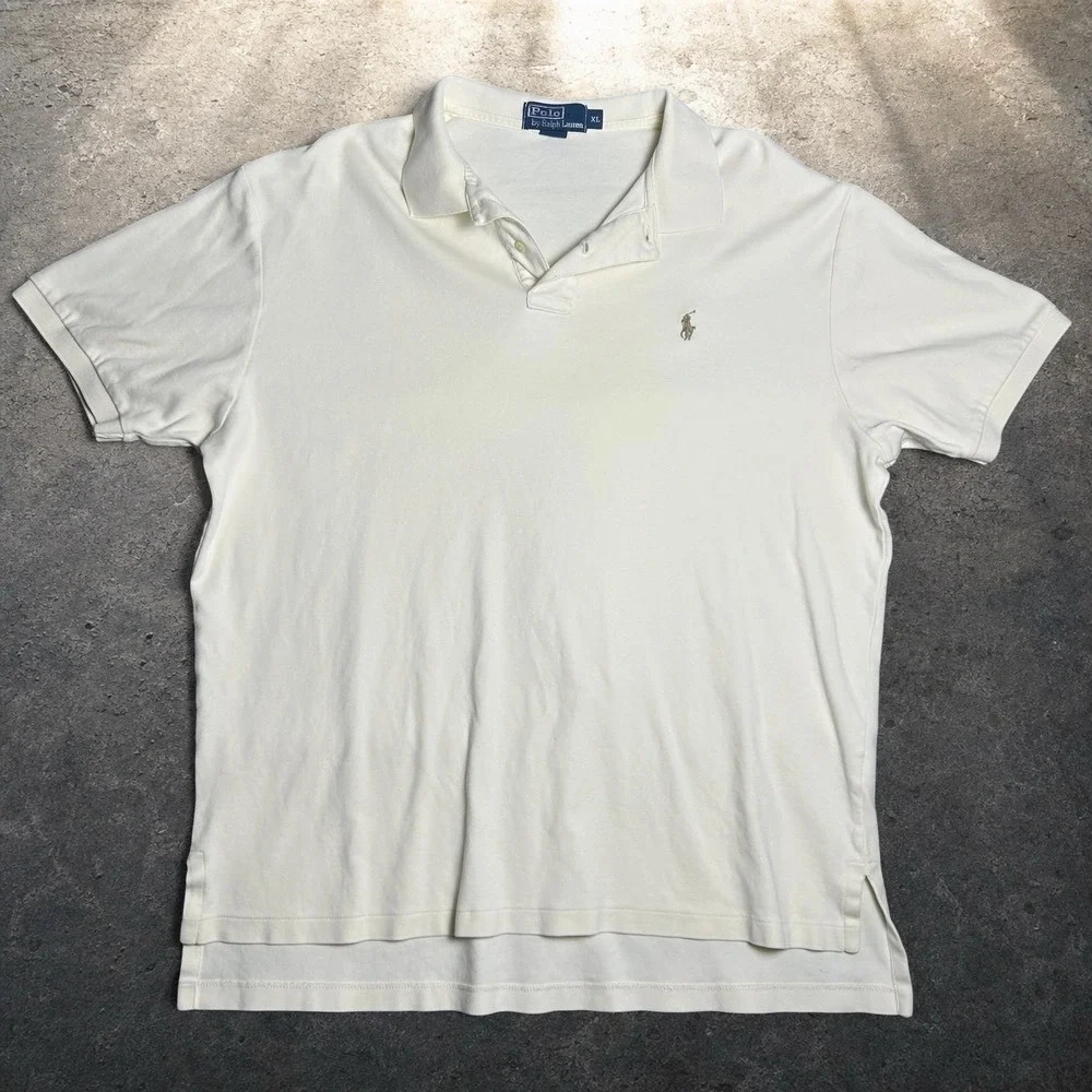 Polo Ralph Lauren Mens XL Cream Short Sleeve Polo Shirt Vintage Retro Preppy